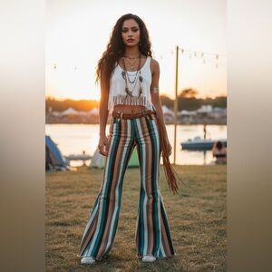 Striped Flare Jeans XL (Fits 6–8) Retro 70s Bell Bottom Stretch Festival Pants